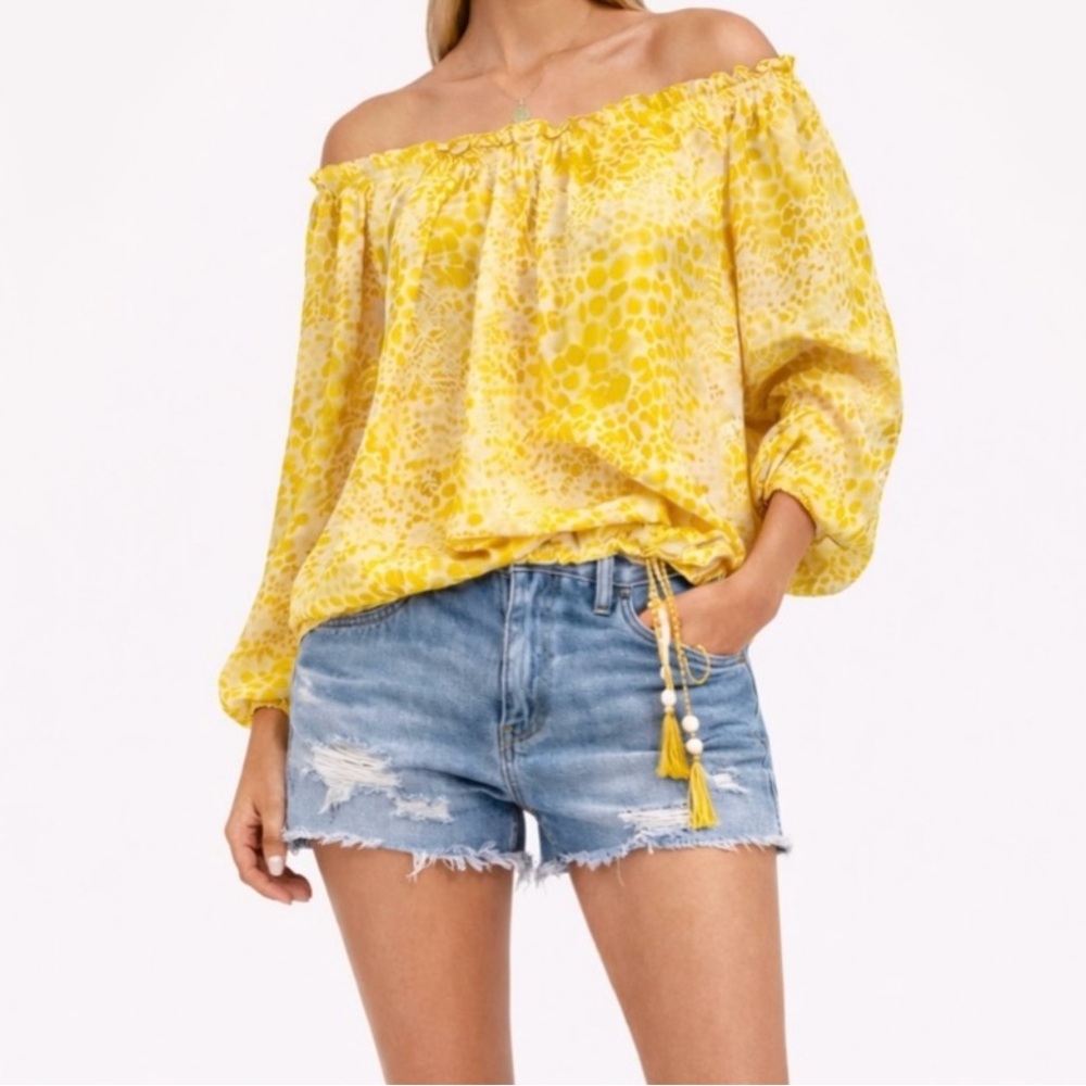 Ramy Brook Yellow Off-Shoulder Printed Blouse size XL 100% silk